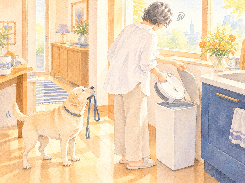 朝のキッチンでロボット掃除機のゴミを捨てる女性と、散歩を待つ犬