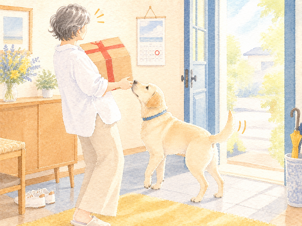セールで買ったロボット掃除機の箱が届いて喜ぶ女性と犬